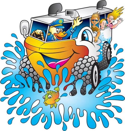 CArtoon style image of a duck driving the duck bus.